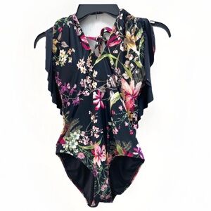 Carmen Marc Valvo One Piece Swimsuit size 12 L Black Floral Print Ruffle Sexy